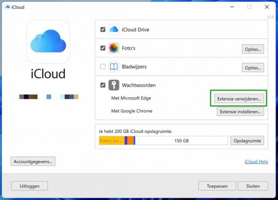 iCloud voor Windows extensie verwijderen