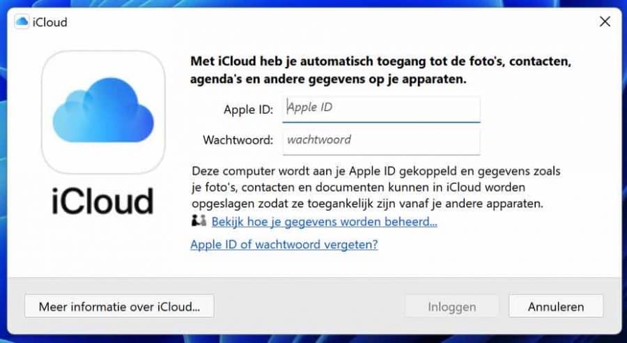 iCloud voor Windows inloggen