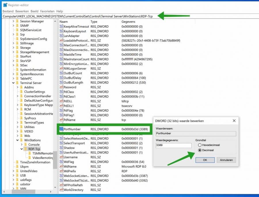 poort nummer van remote desktop wijzigen in het windows register