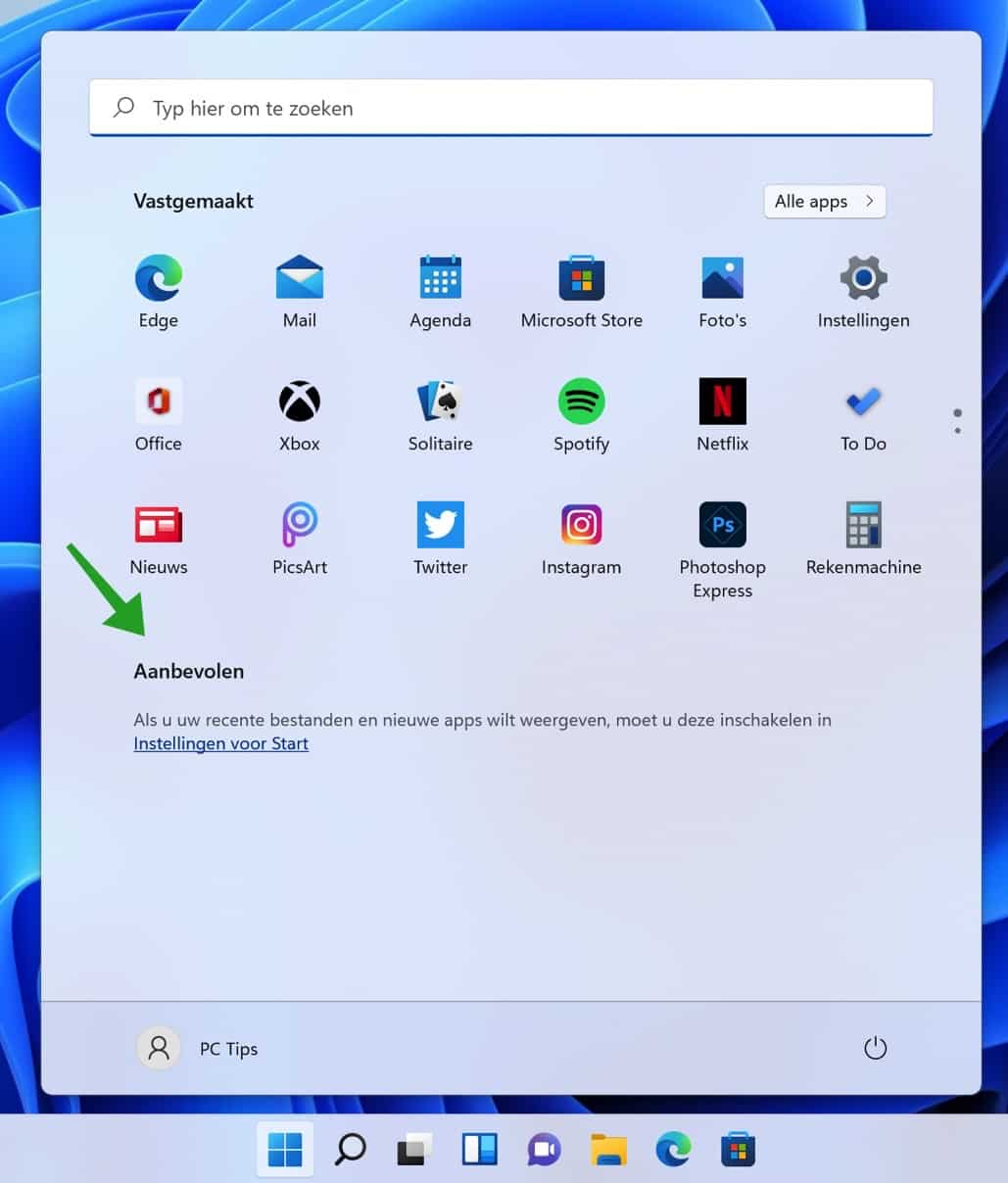 Aanbevolen verwijderen uit startmenu in Windows 11