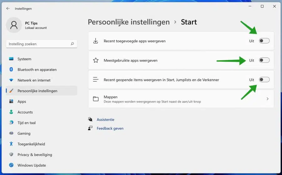 Aanbevolen verwijderen uit startmenu in Windows 11