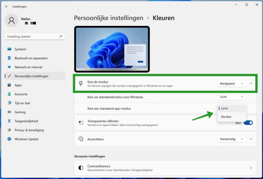 Aangepast kleurmodus in Windows 11