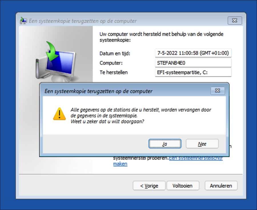 Alle gegevens op de stations die u hersteld worden vervangen door de gegevens in de systeemkopie