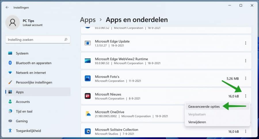 Apps - Geavanceerde opties