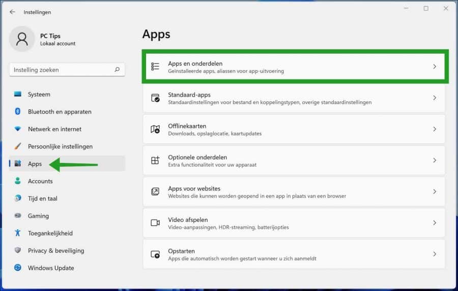 Apps en onderdelen in Windows 11