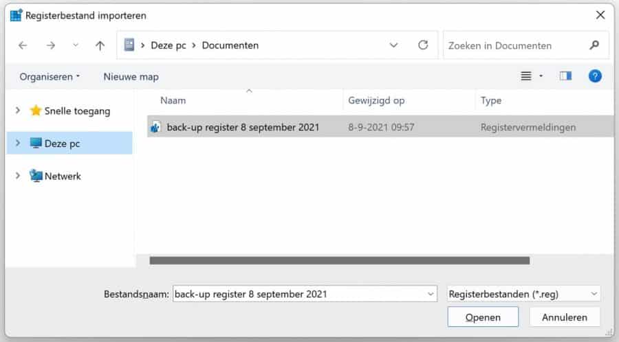 Back-up register bestand selecteren