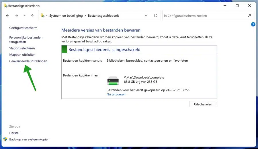 Bestandsgeschiedenis Geavanceerde instellingen