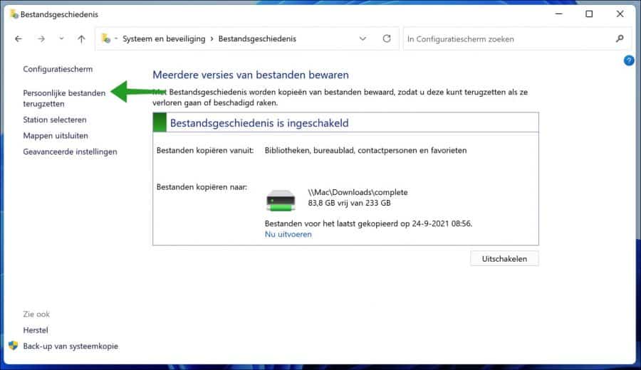 Bestandsgeschiedenis persoonlijke bestanden terugzetten
