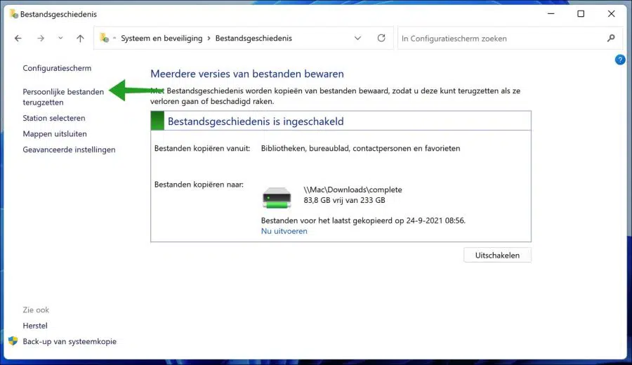 Bestandsgeschiedenis persoonlijke bestanden terugzetten