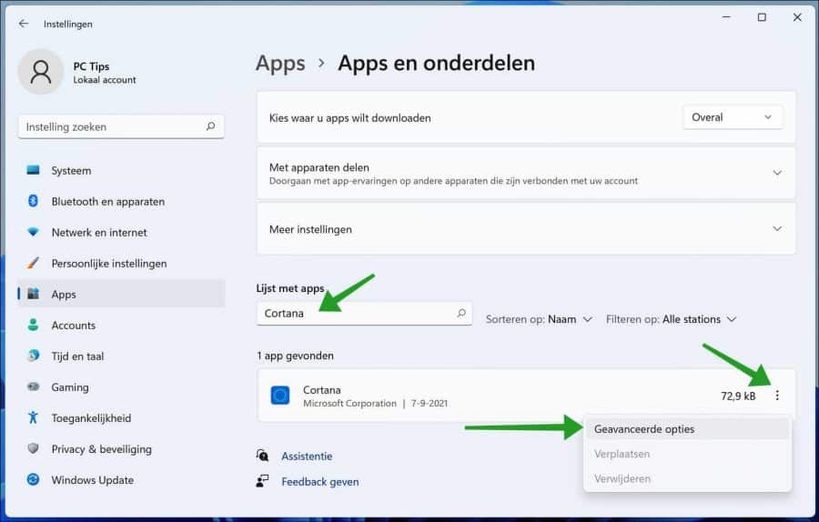 Cortana geavanceerde opties
