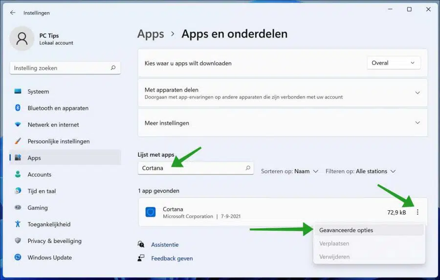 Cortana geavanceerde opties