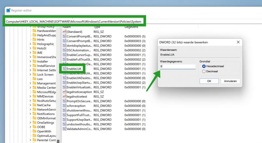 EnableLUA in Windows 11 register