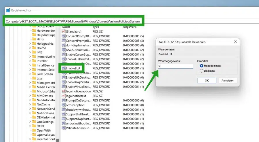 EnableLUA in Windows 11 register