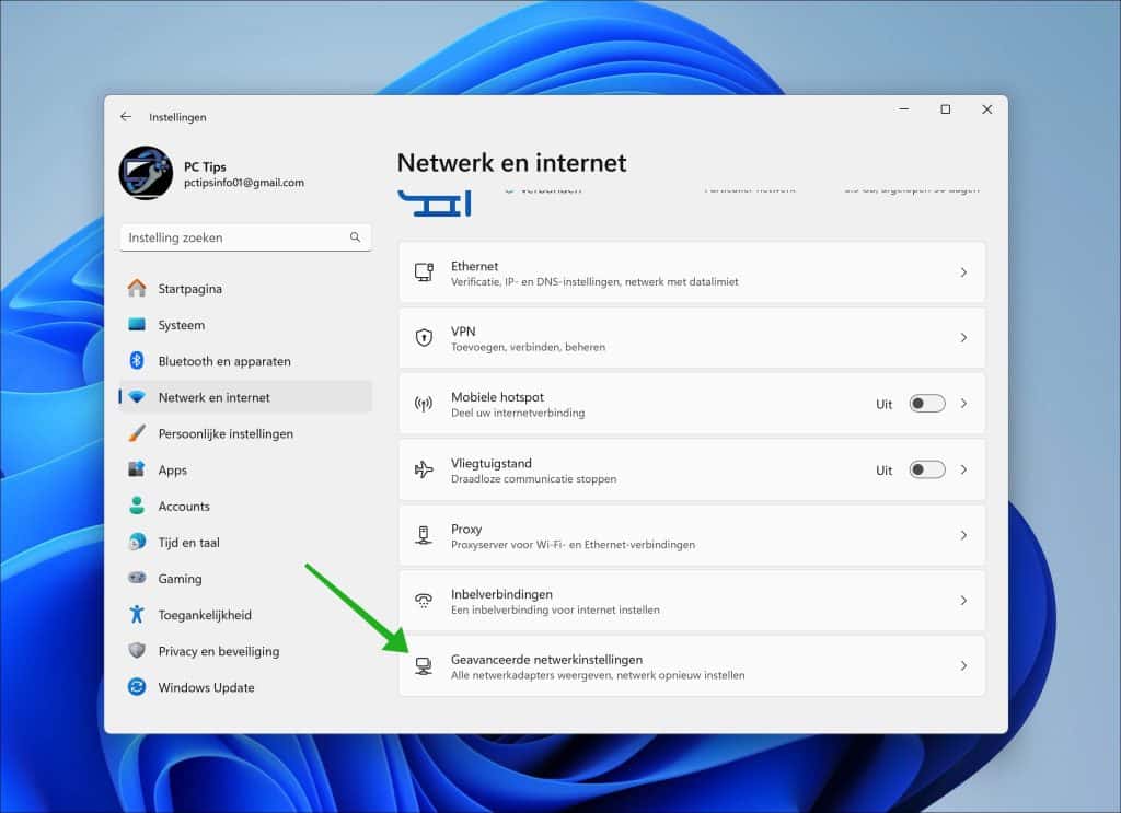 Geavanceerde netwerkinstellingen