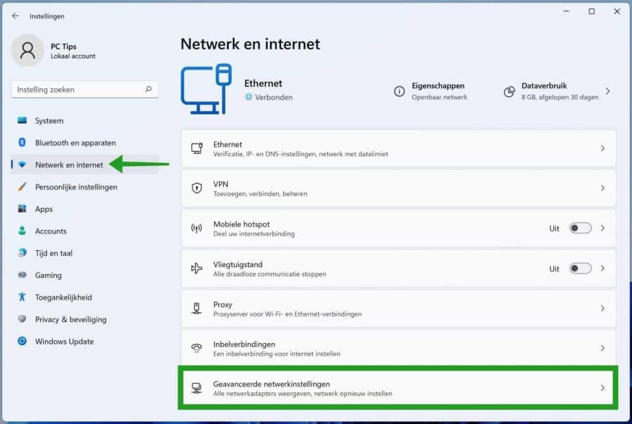 Configurações avançadas de rede