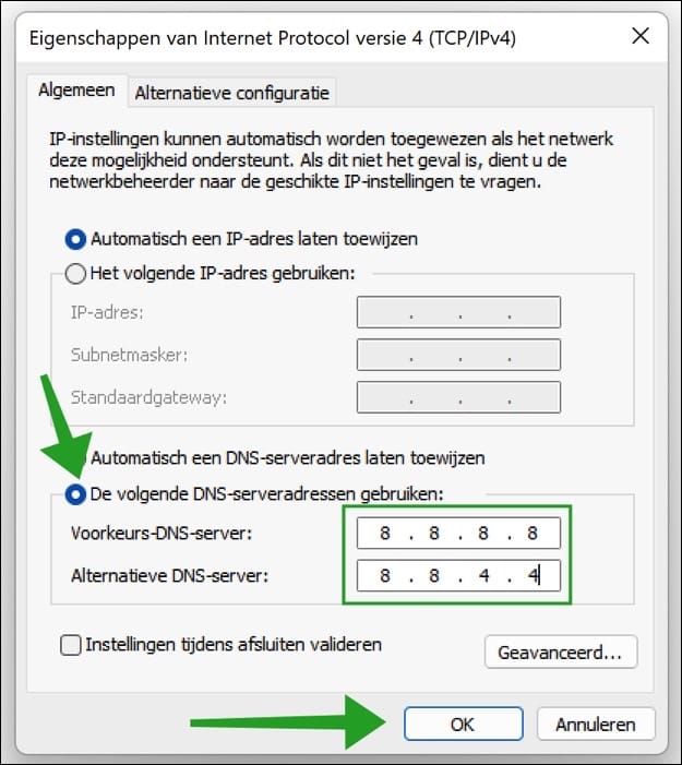 Google DNS instellen in Windows 11