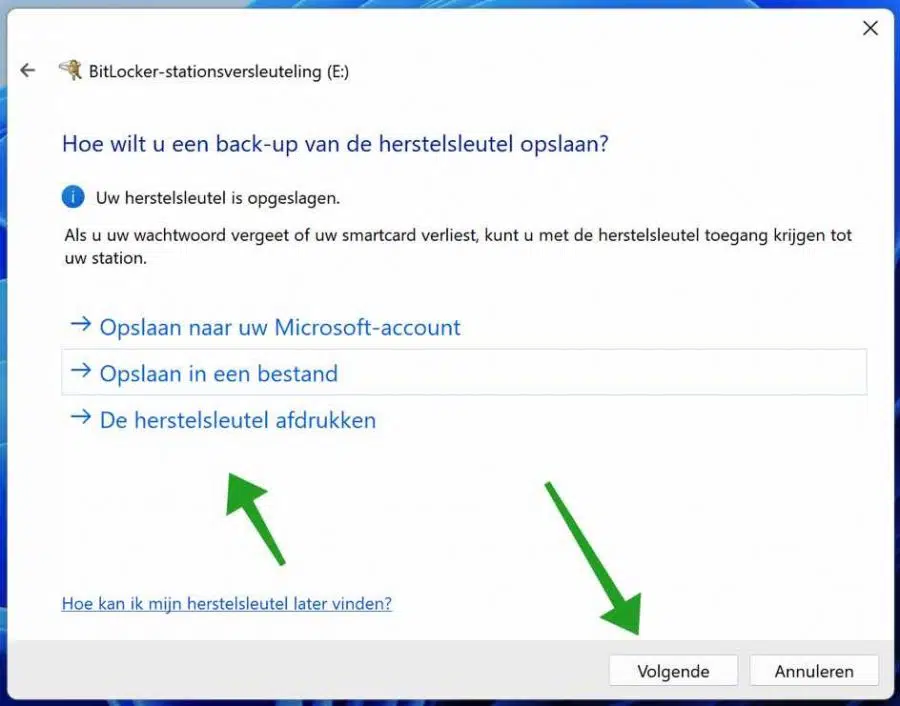 Herstelsleutel opslaan in Bitlocker