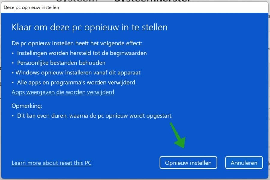 Bereit zum Zurücksetzen des PCs