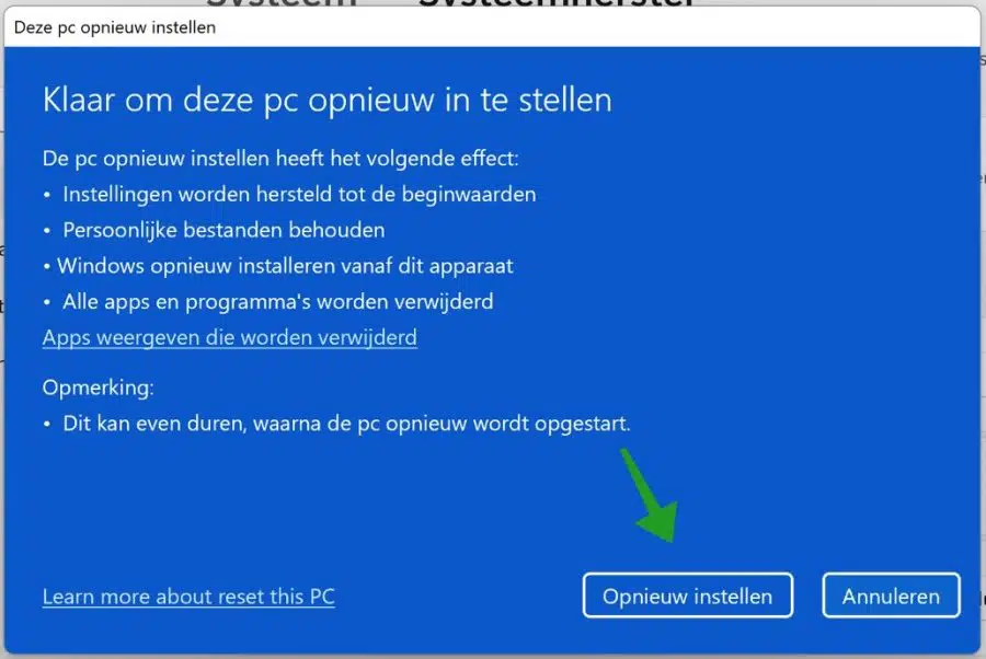 Klaar om de PC opnieuw in te stellen