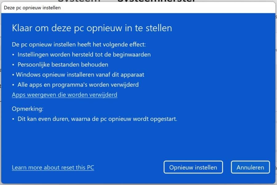 Klaar om de PC opnieuw in te stellen