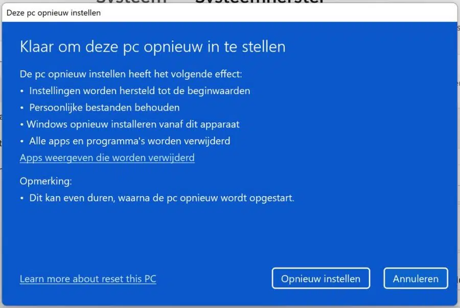 Klaar om de PC opnieuw in te stellen