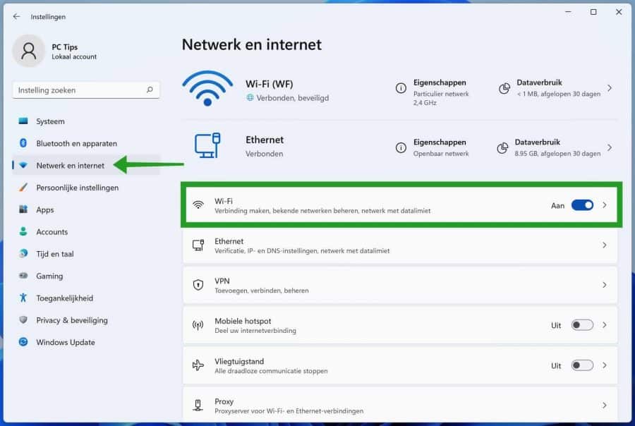 Netwerk en internet instellingen