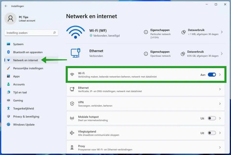 Netwerk en internet instellingen
