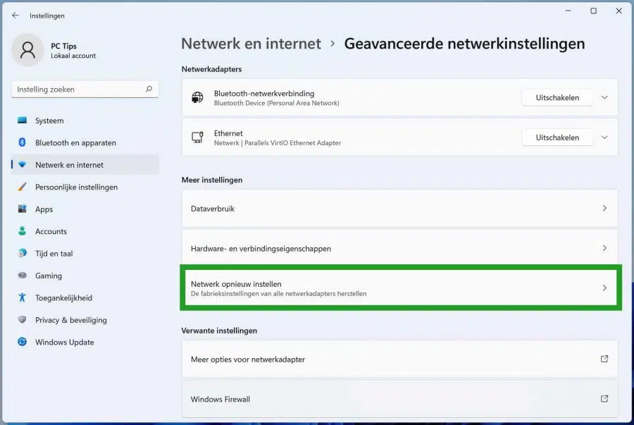 Netwerk opnieuw instellen