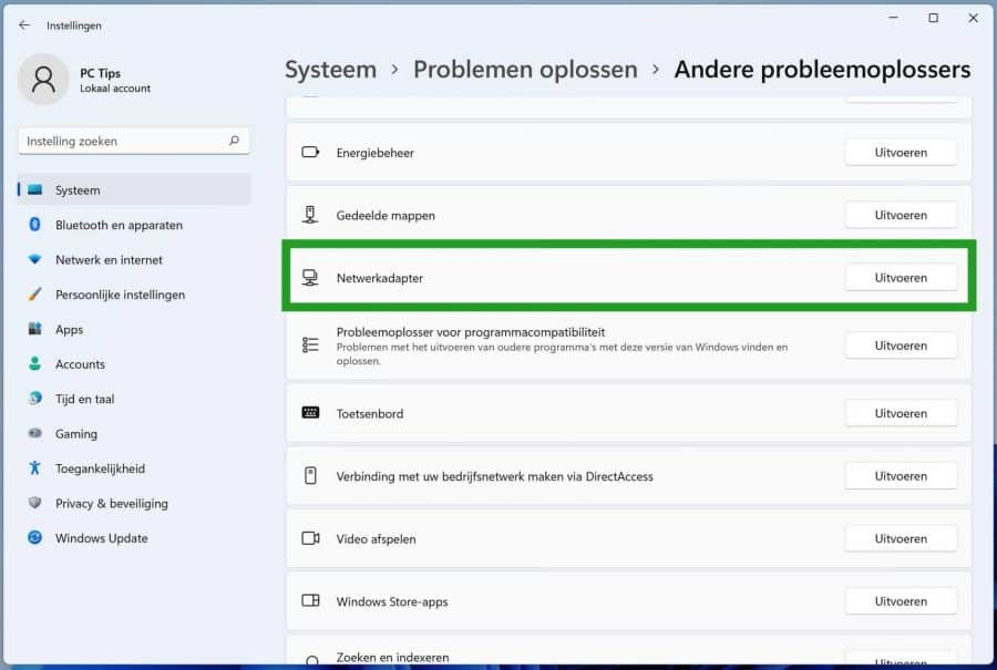 Netwerkadapter probleemoplosser in Windows 11