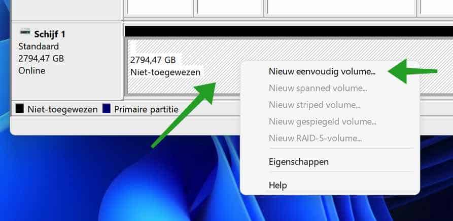 Nieuw eenvoudig volume aanmaken in Schijfbeheer