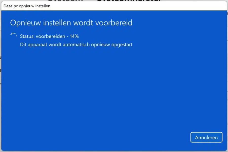 Opnieuw instellen van Windows 11 wordt voorbereid