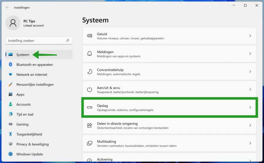 Opslag instellingen in Windows 11