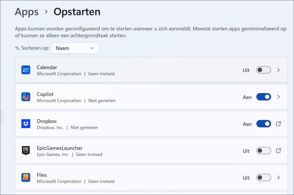 Opstart-apps uitschakelen in Windows 11