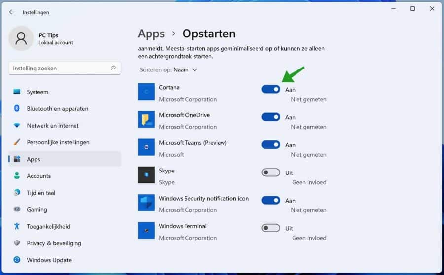 Opstart apps uitschakelen in Windows 11