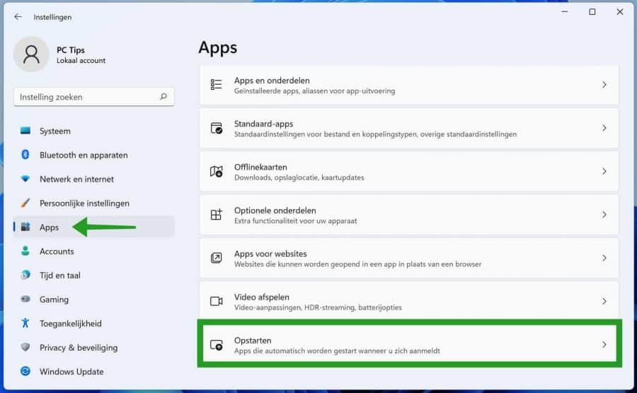 Opstart instellingen in Windows 11