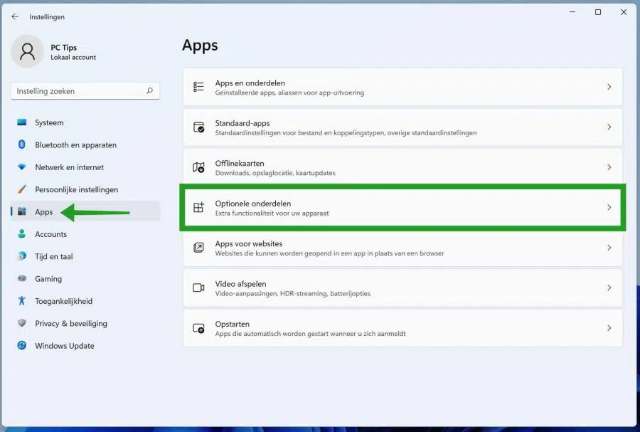 Optionele onderdelen toevoegen in Windows 11