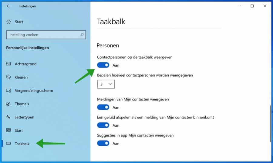 Personen uitschakelen in de taakbalk