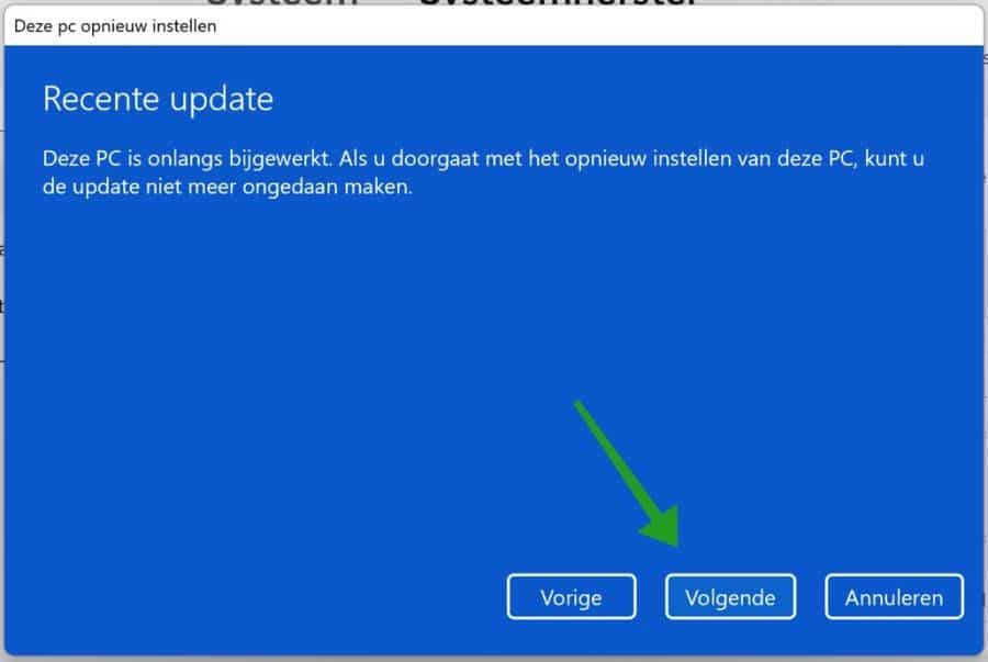 Notificación de actualización reciente durante la instalación de Windows 11