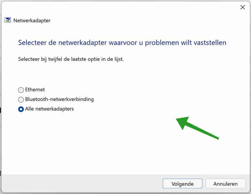 Selecteer de netwerkadapter waarvoor u problemen wilt vaststellen