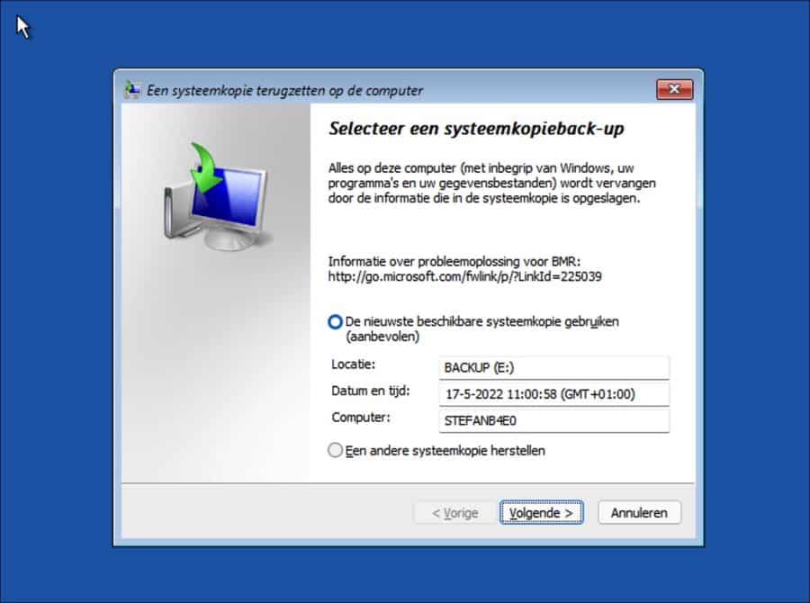 Selecteer een systeemkopieback-up bestand