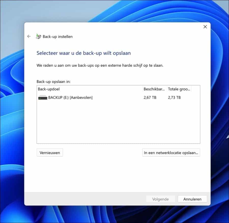 Selecteer waar u de back-up wilt opslaan