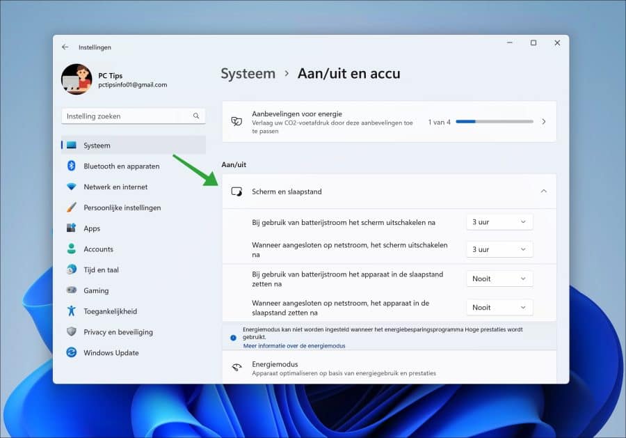 Slaapstand instellingen in Windows 11