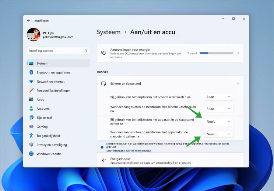 Slaapstand instellingen uitschakelen in Windows 11