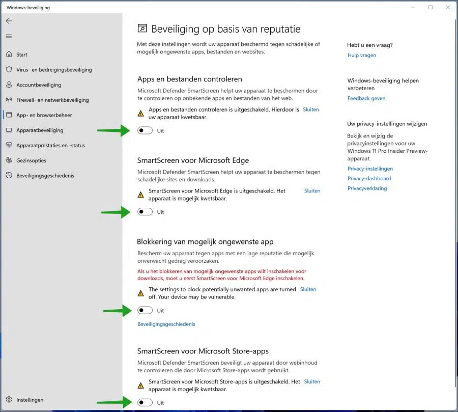 Smartscreen filter uitschakelen in Windows 11