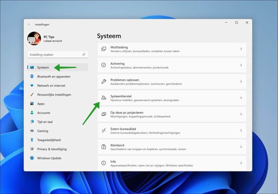 Systeemherstel openen in Windows 11