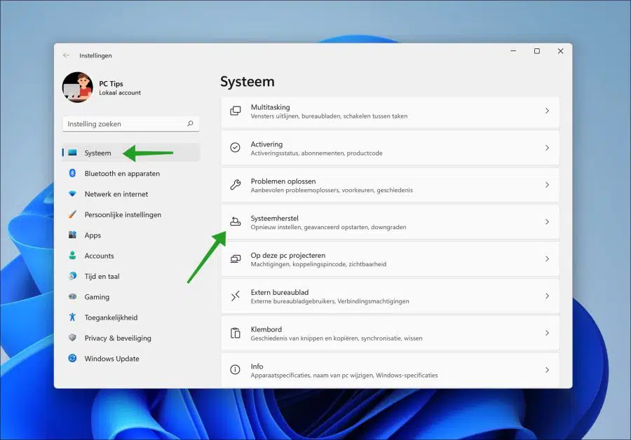Systeemherstel openen in Windows 11
