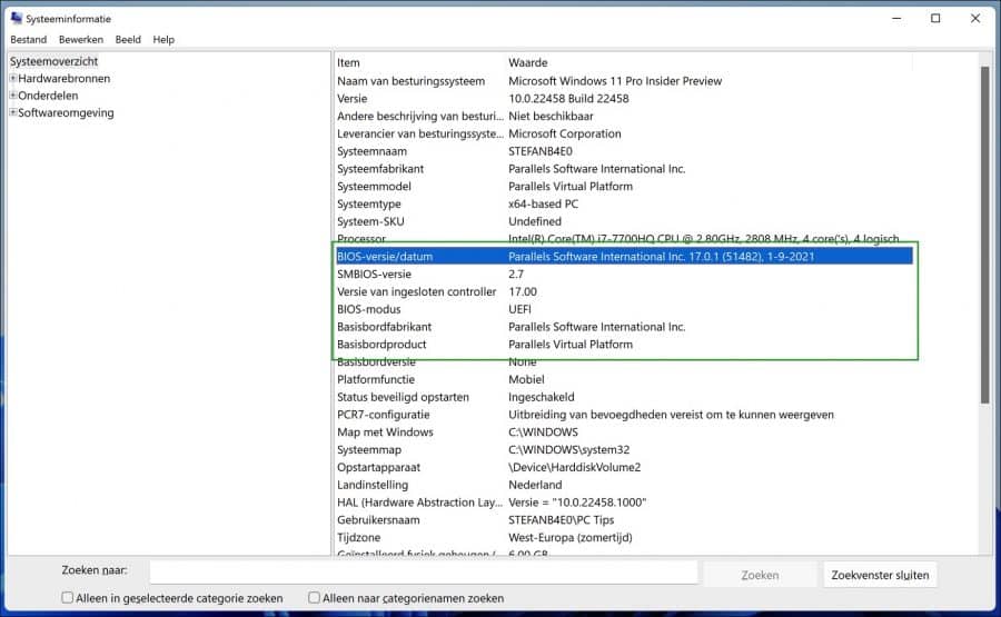 Systeeminformatie BIOS versie