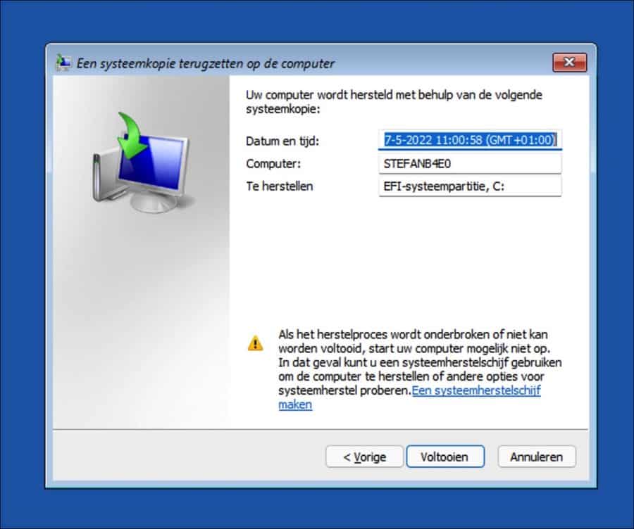 Systeemkopie klaar om teruggezet te worden