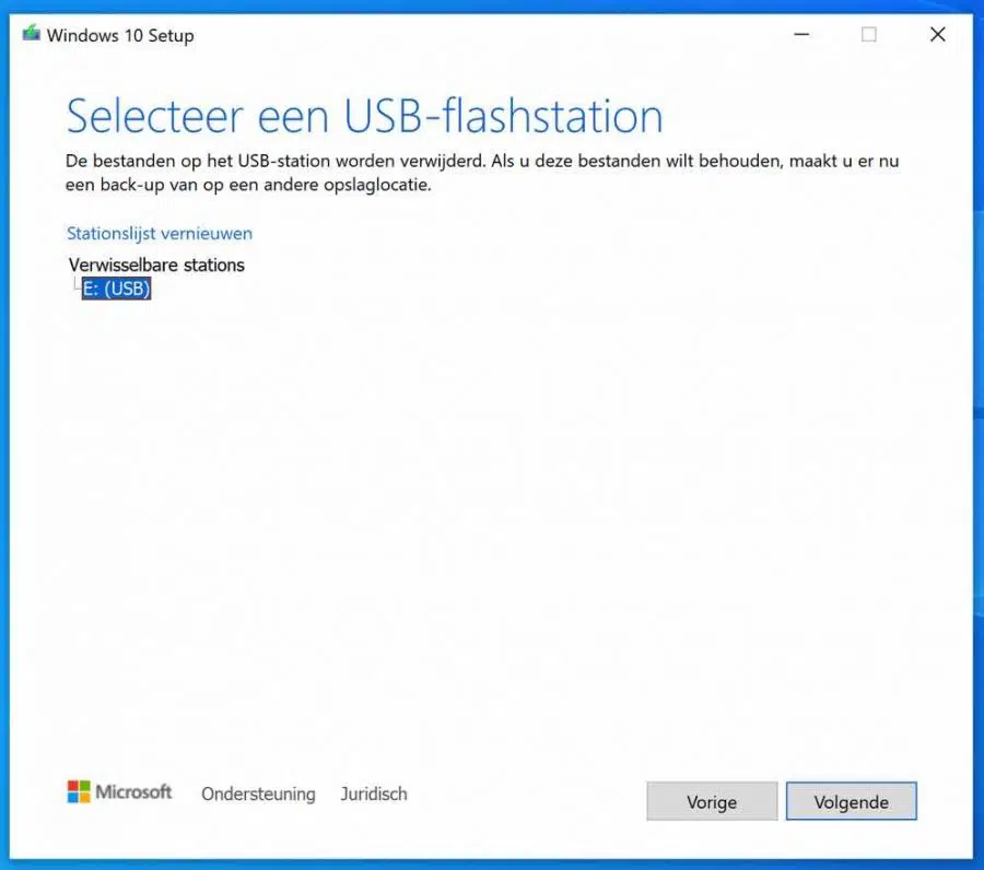 USB stick selecteren om Windows 10 installatiemedia aan te maken