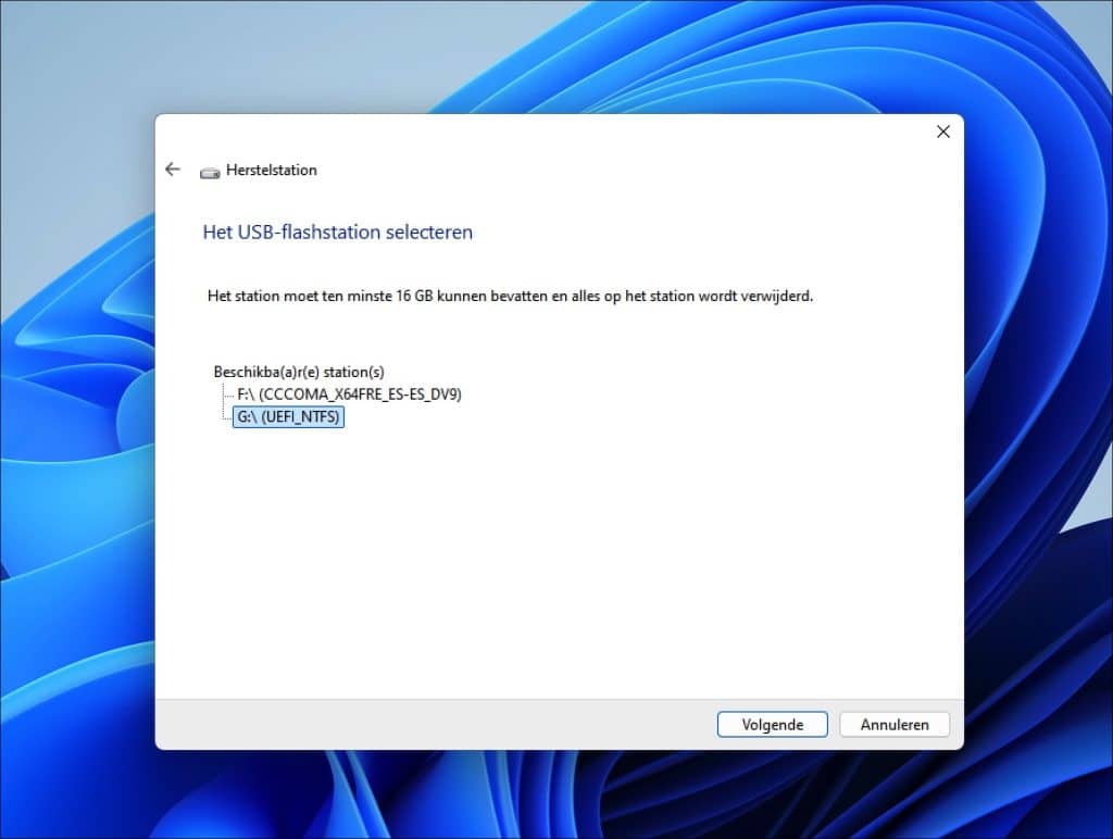 USB selecteren voor herstelstation